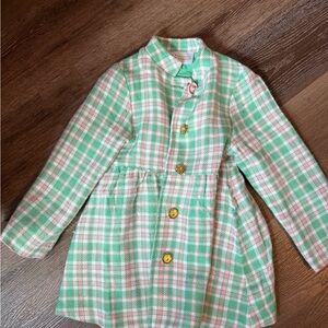 Girls Pastel Green & Pink Plaid Coat with Gold Buttons